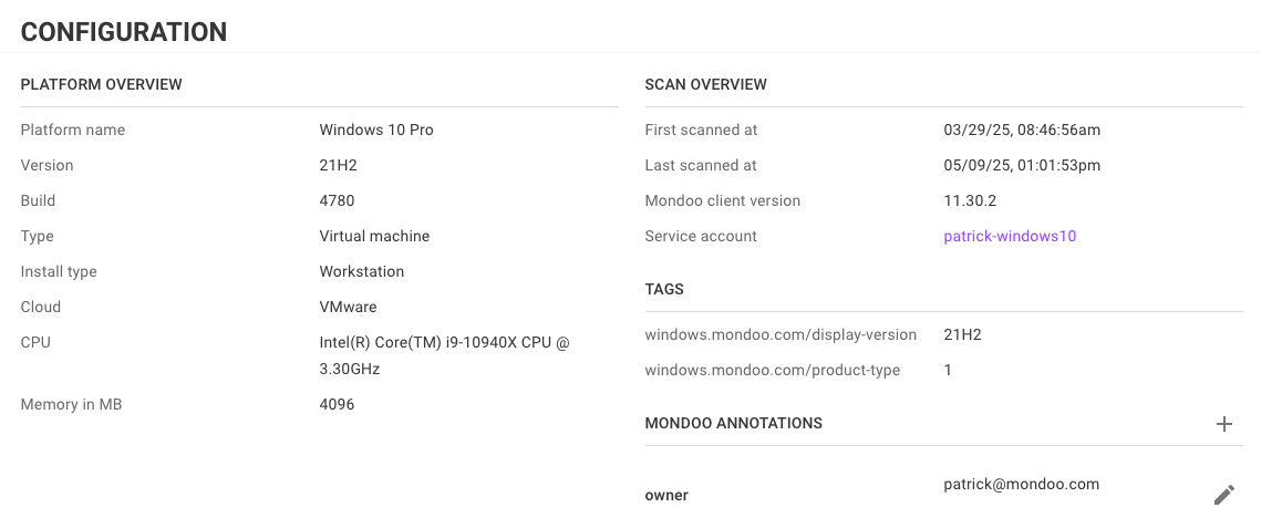 Service account link on an asset