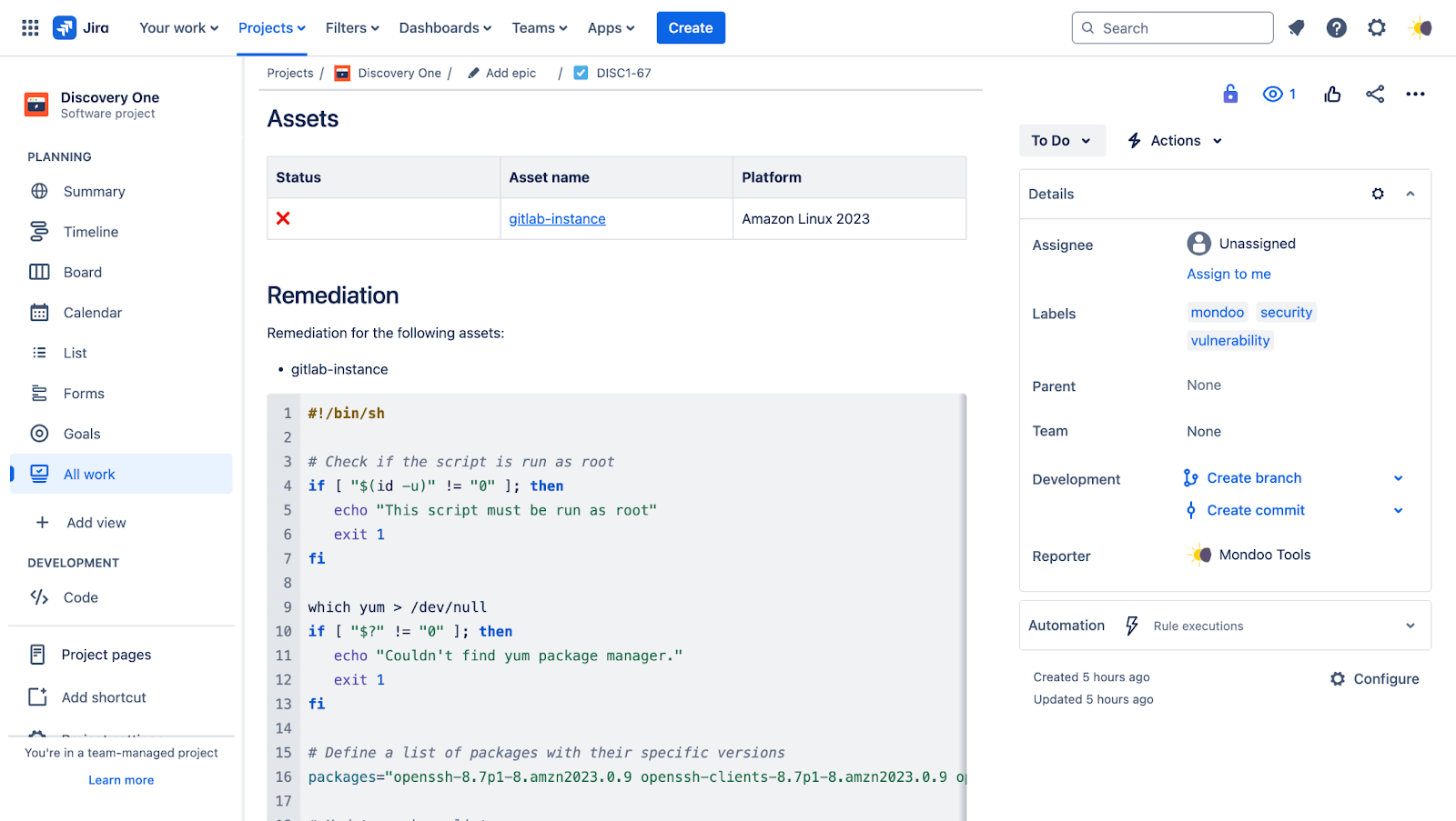 Ticket with remediation steps