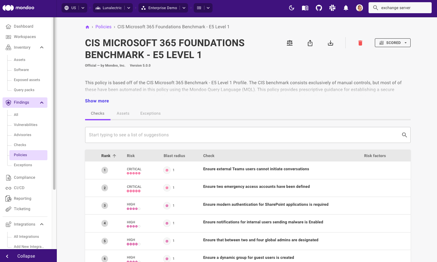 Mondoo shows results of CIS M365 5.0 checks