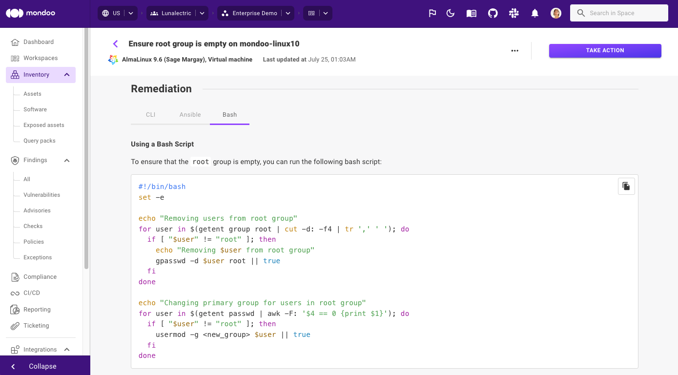 Mondoo provides Bash remediation snippets for Linux misconfigurations