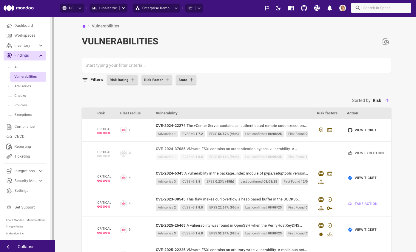 The findings list now also shows status and allows you to take action in one click