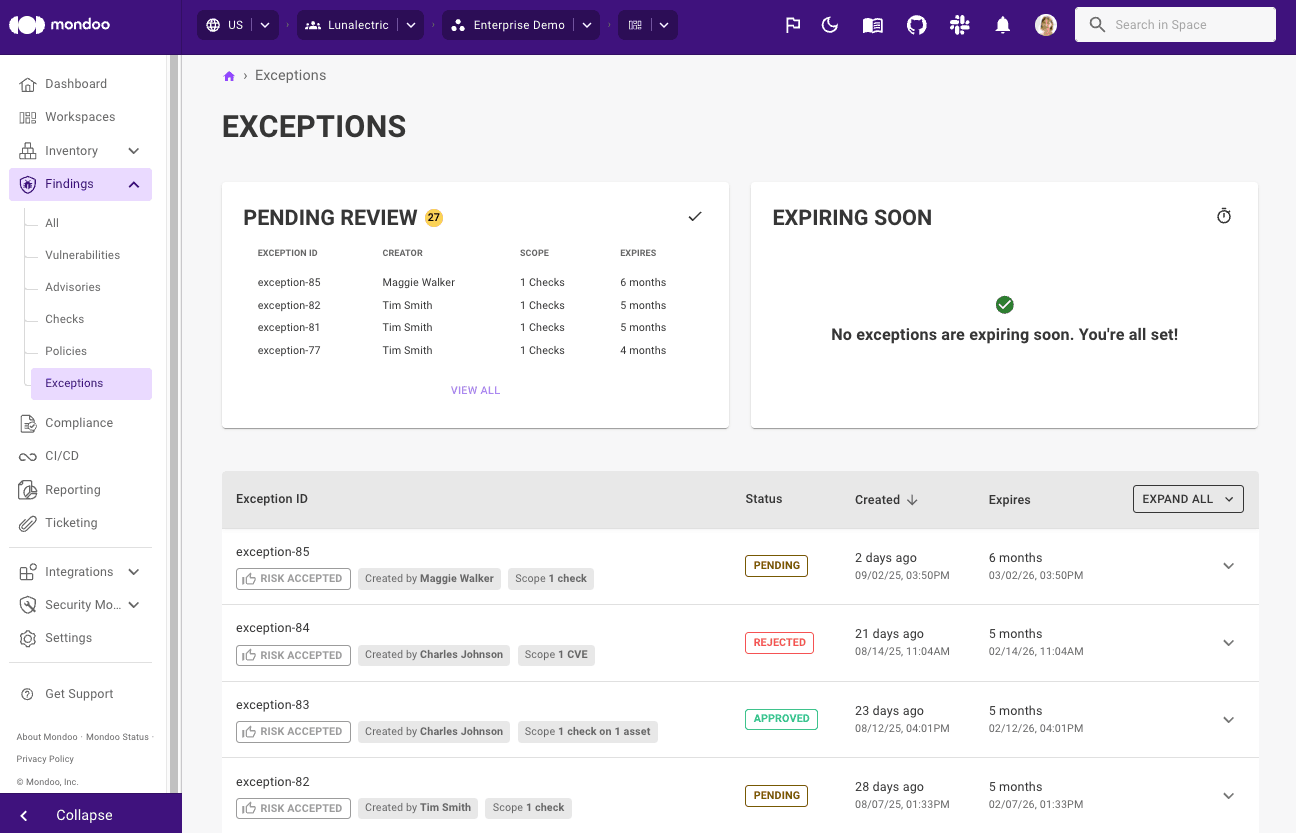 Centralized exceptions management