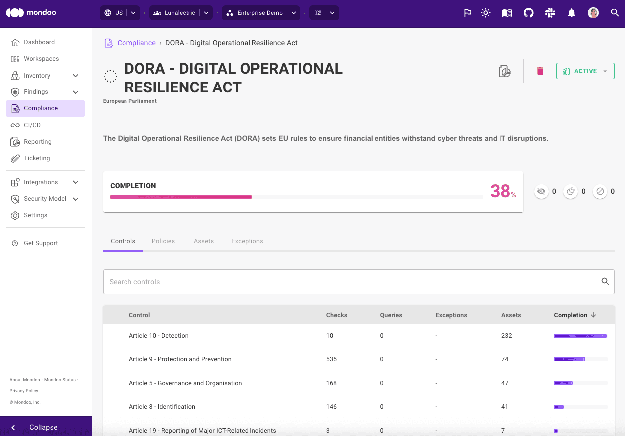 Mondoo checks for DORA compliance using out-of-the-box policies