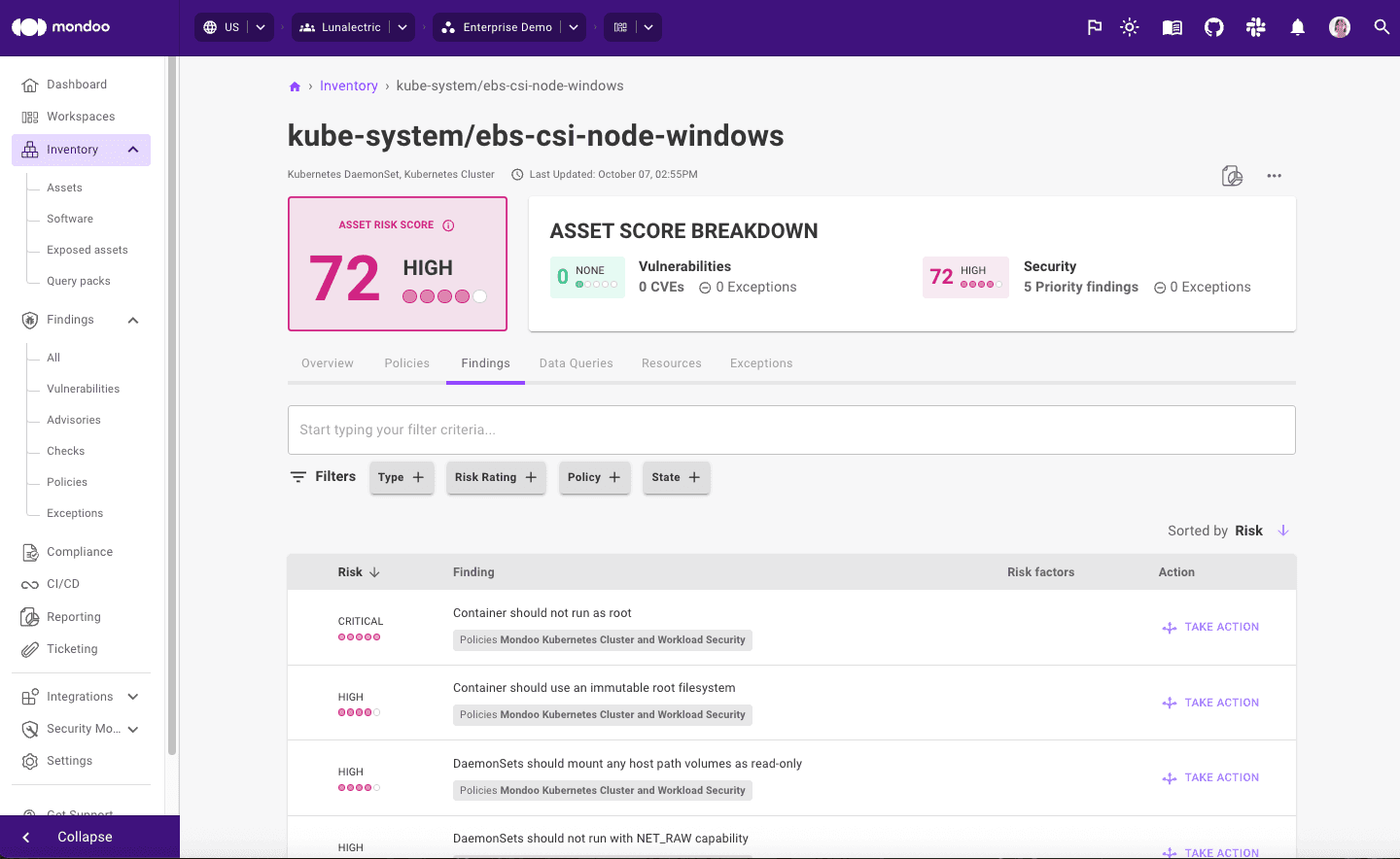 All findings on an asset are now listed in the Findings tab